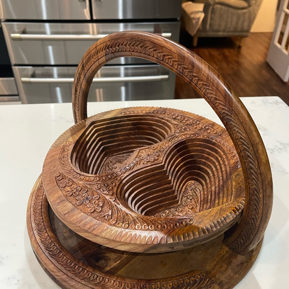 Intricately Carved Wooden Basket